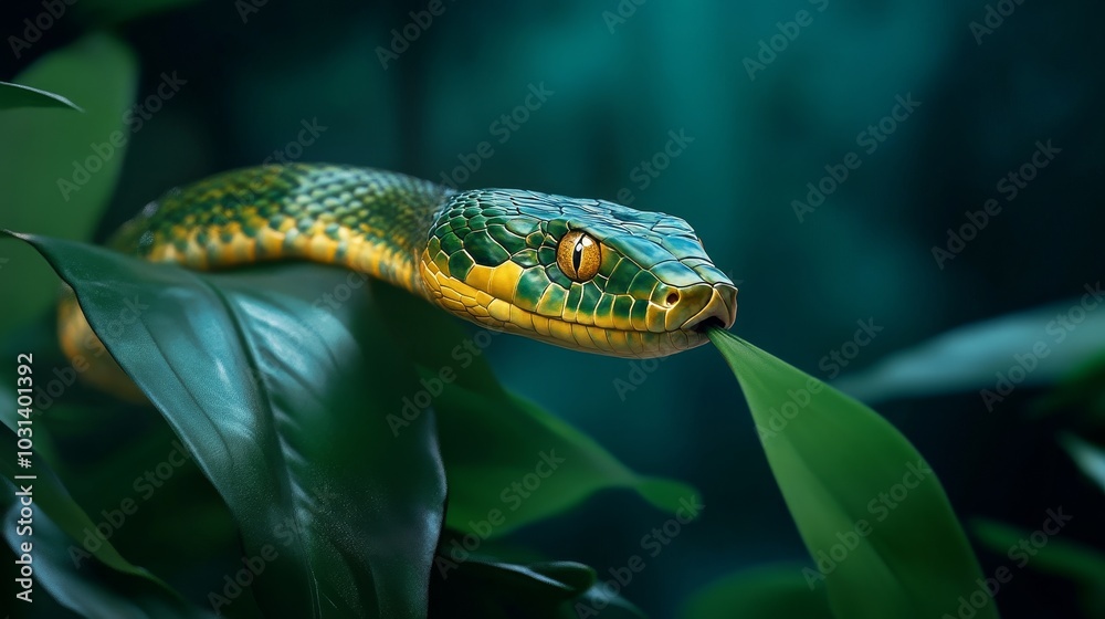A vibrant green snake with yellow accents slithers through lush foliage, symbolizing nature's beauty, danger, and the cycle of life. A vibrant green snake with yellow accents slithers through lush foliage, symbolizing nature's beauty, danger, and the cycle of life.