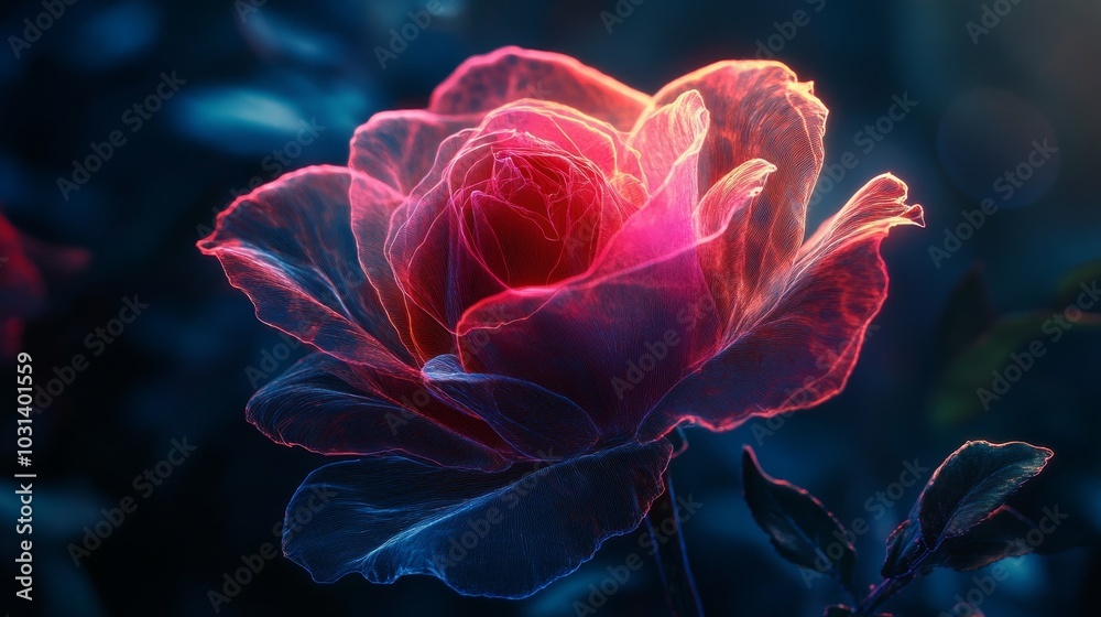 A vibrant rose captured in a mesmerizing blend of Kirlian photography and laser art, symbolizing energy, beauty, love, nature, and technology. A vibrant rose captured in a mesmerizing blend of Kirlian photography and laser art, symbolizing energy, beauty, love, nature, and technology.