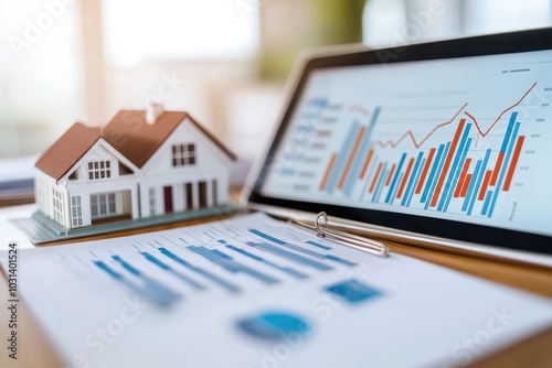 Estate market analysis with financial graphs and data on a desk showcasing growth and profit trends in real estate investment