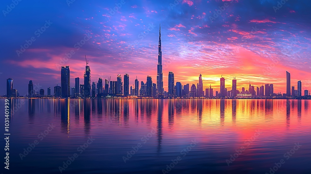 Dramatic City Skyline at Dawn with Reflections Dramatic City Skyline at Dawn with Reflections