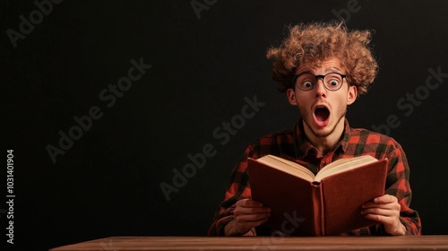 A young man with curly hair and glasses sits at a table, holding a book open in front of him. His mouth is agape, his eyes wide with shock. He seems completely engrossed in what he is reading. This ph photo