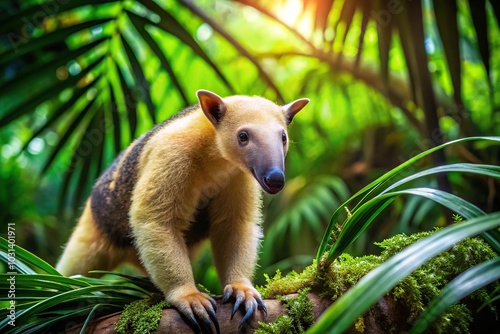 Macro tamandua in tropical rainforest with interesting plant in background, green nature wallpaper with copy space photo