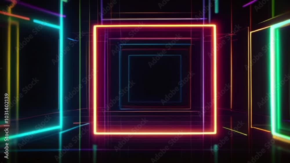 Experience a mesmerizing journey through a neon-lit tunnel filled with colorful geometric shapes. The ambiance evokes a sense of digital wonder and excitement, copy space, neon background Experience a mesmerizing journey through a neon-lit tunnel filled with colorful geometric shapes. The ambiance evokes a sense of digital wonder and excitement, copy space, neon background