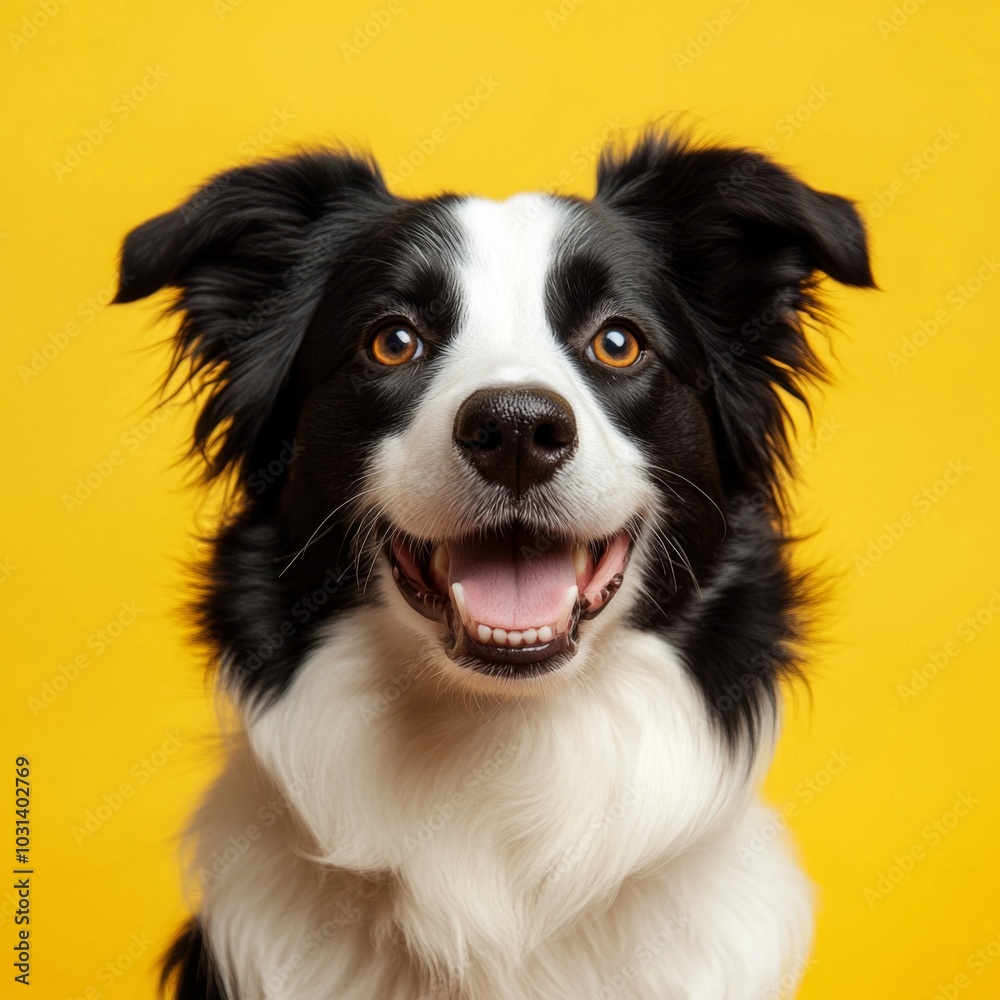 studio headshot portrait of brown white and black medium mixed breed dog smiling against a yellow background studio headshot portrait of brown white and black medium mixed breed dog smiling against a yellow background