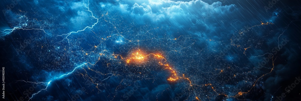 Dramatic aerial view of powerful storm clouds and lightning over the Korean Peninsula. The image symbolizes nature's power, the beauty of the storm, the fragility of life, and the resilience of the hu