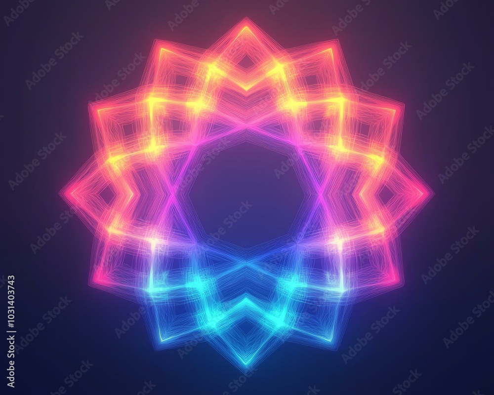 Vibrant geometric neon pattern on dark background, radiating colorful light and symmetrical shapes in an abstract, futuristic style. Vibrant geometric neon pattern on dark background, radiating colorful light and symmetrical shapes in an abstract, futuristic style.