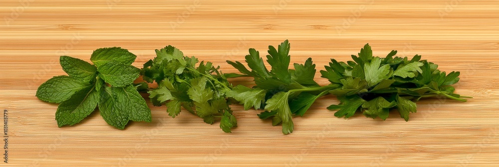 Fresh Thai herbs, including basil, mint, and cilantro, neatly arranged on a wooden cutting board, perfect for adding flavor and freshness to any dish. Fresh Thai herbs, including basil, mint, and cilantro, neatly arranged on a wooden cutting board, perfect for adding flavor and freshness to any dish.