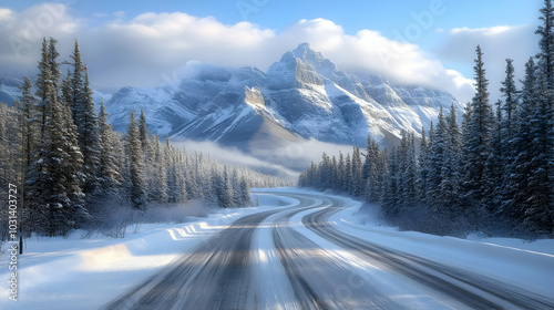 Serene winter landscape with winding road and snow-covered mountains.