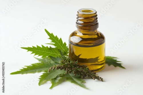 bottles of cannabis oil are on a leafy green plant