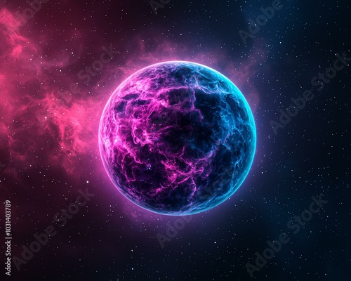 Vivid cosmic scene of a glowing pink and blue planet surrounded by a starry expanse, showcasing vibrant interstellar colors and energy.