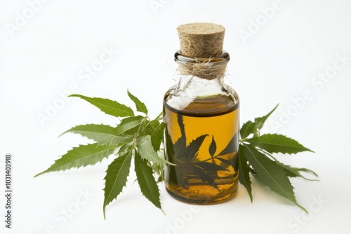 bottles of cannabis oil are on a leafy green plant