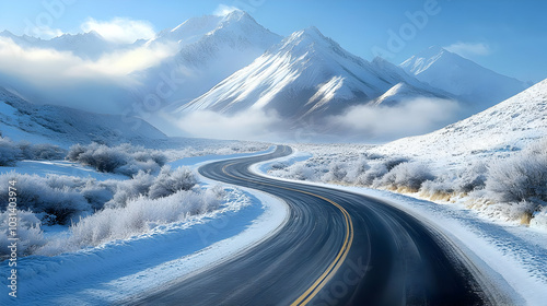 Serene winding road through snow-covered mountains and mist.