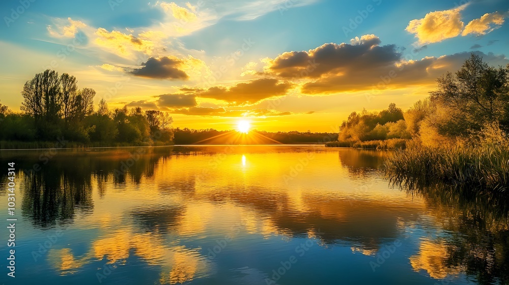Golden Sunset Over a Tranquil River Golden Sunset Over a Tranquil River