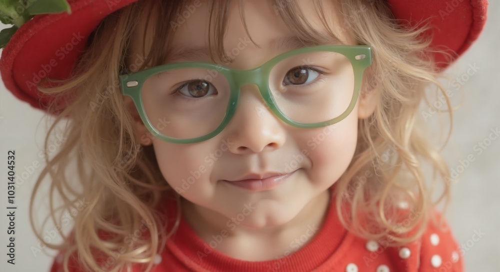 Fototapeta premium MinJi - Cheerful Child in Red Hat and Green Glasses with Polka Dot Top