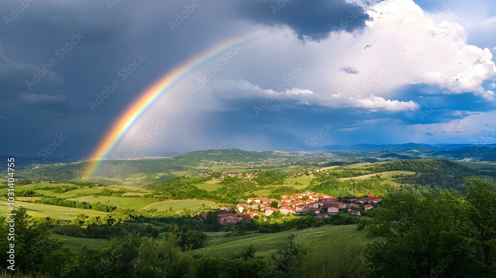 Rainbow Over a Serene Village Scene Rainbow Over a Serene Village Scene