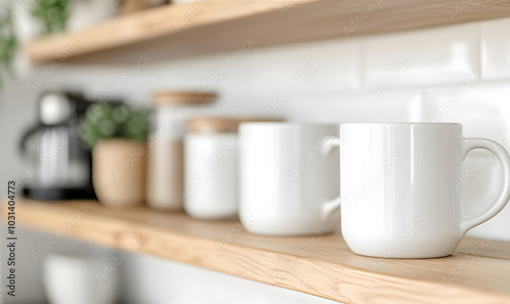 Clean white coffee mug lying on kitchen shelf, Generative AI Clean white coffee mug lying on kitchen shelf, Generative AI