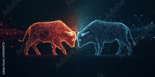 red bull and blue bull graphic dot connection with dark background, mutual strength, for media investment graphic needs
