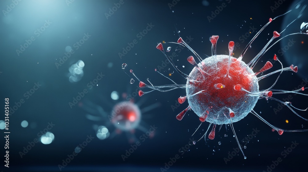 3D Representation of Virus Particles on Dark Background, showcasing the microscopic world of viruses, with a focus on their structure, morphology, and potential for infection.