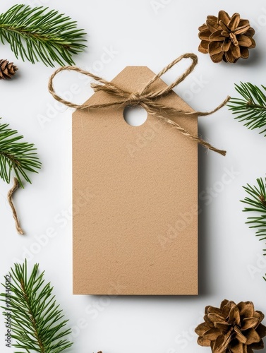 Blank brown gift tag with twine, surrounded by pine branches and pine cones on a white background.