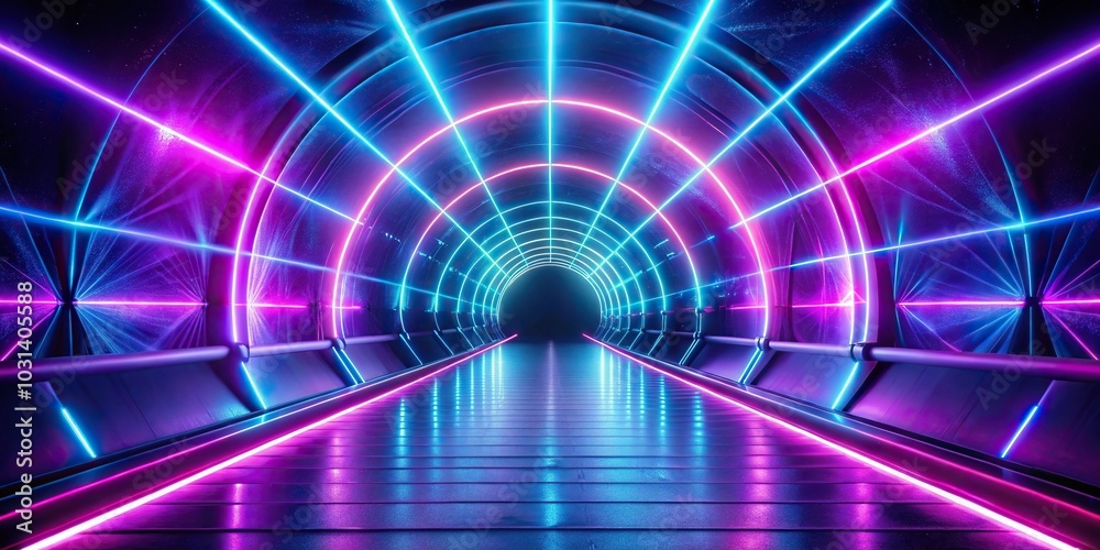 Neon lit tunnel with purple and blue glowing laser lights