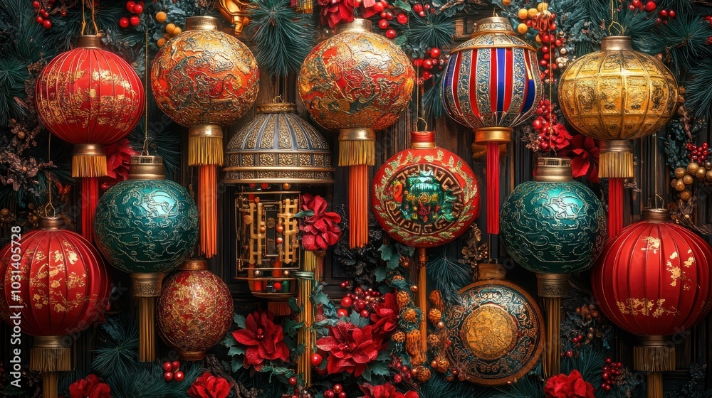 A vibrant display of decorative lanterns and floral accents. A vibrant display of decorative lanterns and floral accents.