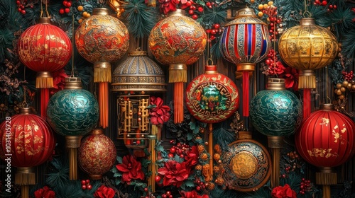 A vibrant display of decorative lanterns and floral accents.