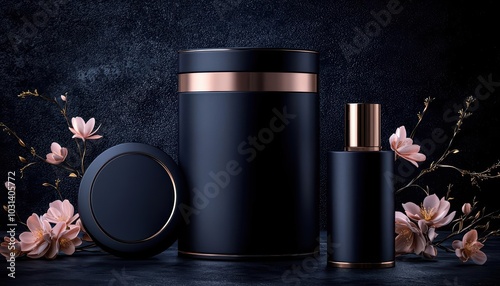 Elegant beauty products on a dark background with delicate flowers, showcasing sophistication and luxury.