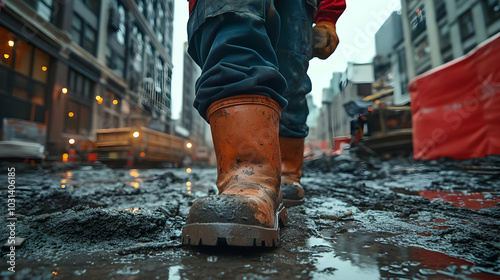 Worker in muddy boots navig...