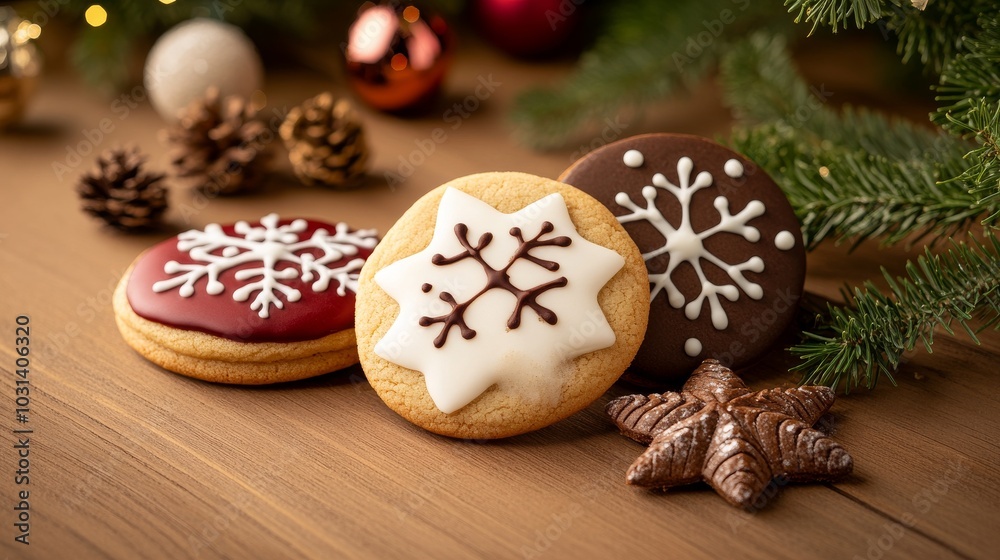 Festive holiday cookies decorated with snowflakes Festive holiday cookies decorated with snowflakes