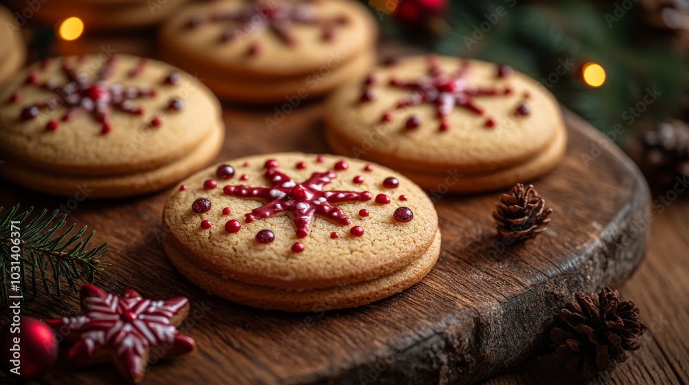 Festively decorated holiday cookies on a wooden platter Festively decorated holiday cookies on a wooden platter