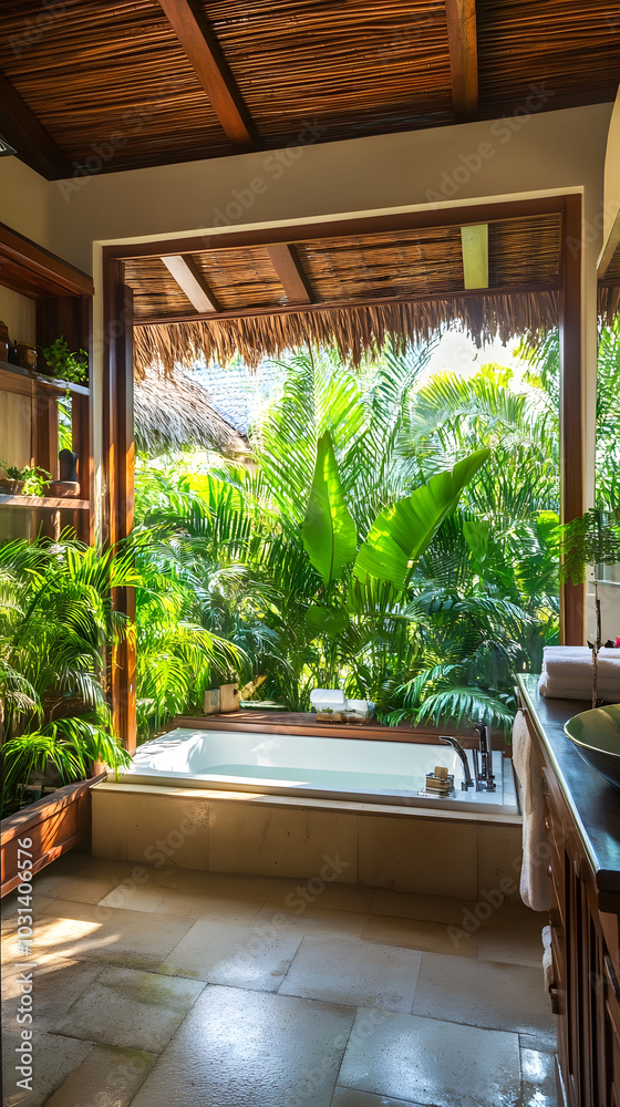 Fototapeta premium luxurious spa like bathroom featuring serene view of lush greenery through large windows. space is designed for relaxation, with natural light enhancing tranquil atmosphere