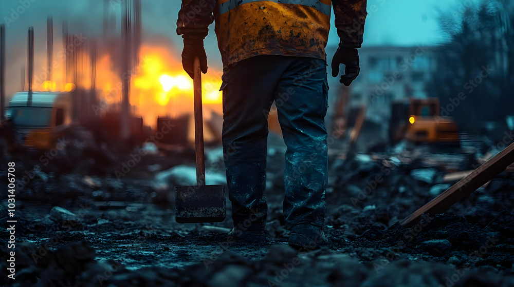 Worker standing amidst debris with a shovel, fire in background. Worker standing amidst debris with a shovel, fire in background.