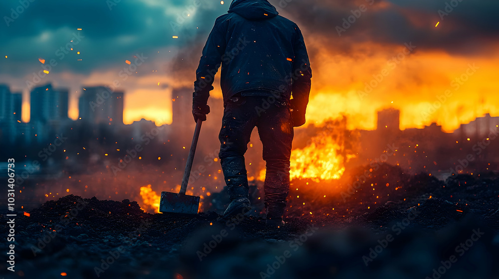 Worker silhouetted against a fiery backdrop at dusk. Worker silhouetted against a fiery backdrop at dusk.
