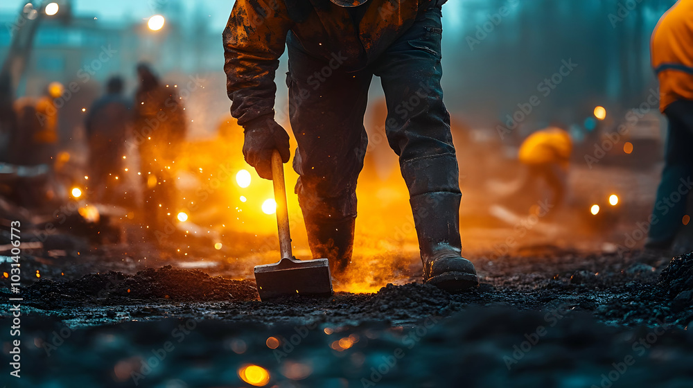 Worker using a tool in a construction site with sparks flying. Worker using a tool in a construction site with sparks flying.