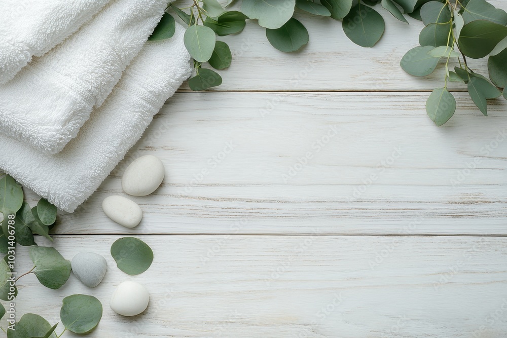 A close-up of soft white towels, eucalyptus leaves, and smooth stones arranged on a blank wooden surface with space for text or logos. Perfect for spa promotions, wellness ads, or skincare branding. A close-up of soft white towels, eucalyptus leaves, and smooth stones arranged on a blank wooden surface with space for text or logos. Perfect for spa promotions, wellness ads, or skincare branding.