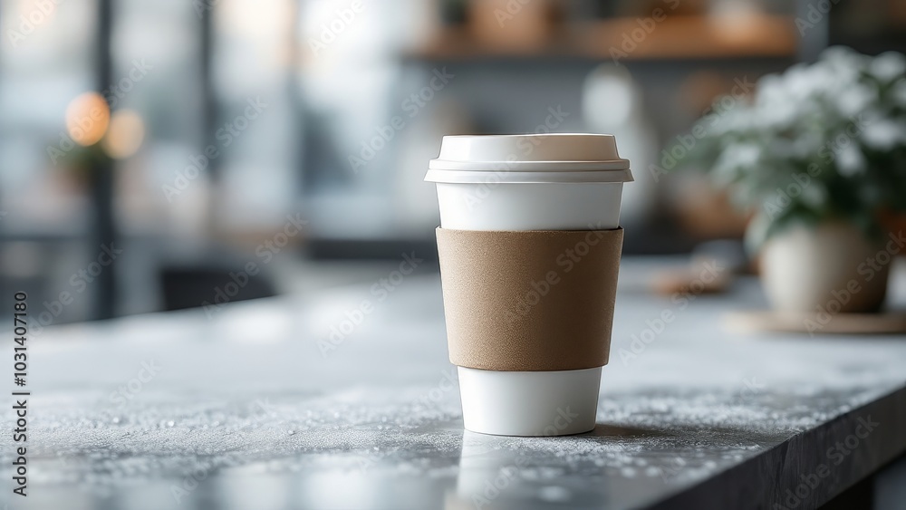 White reusable coffee cup with brown sleeve White reusable coffee cup with brown sleeve