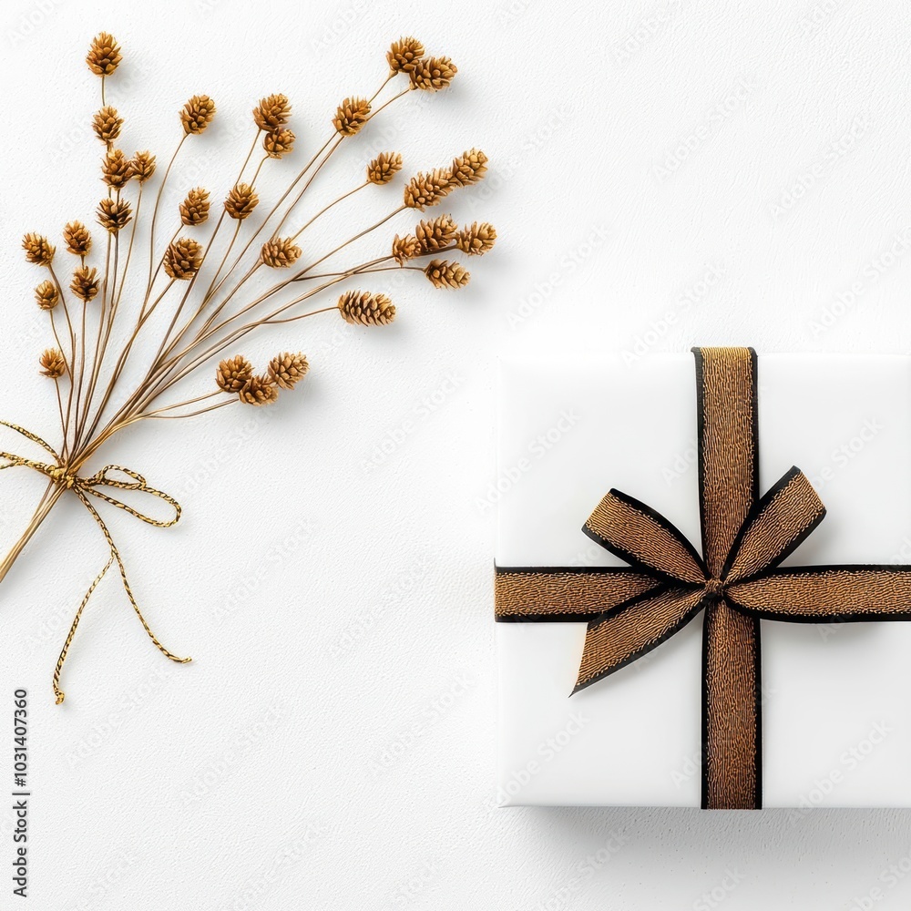 Obraz premium Elegant gift box with a black ribbon and dried floral decoration on a white background.