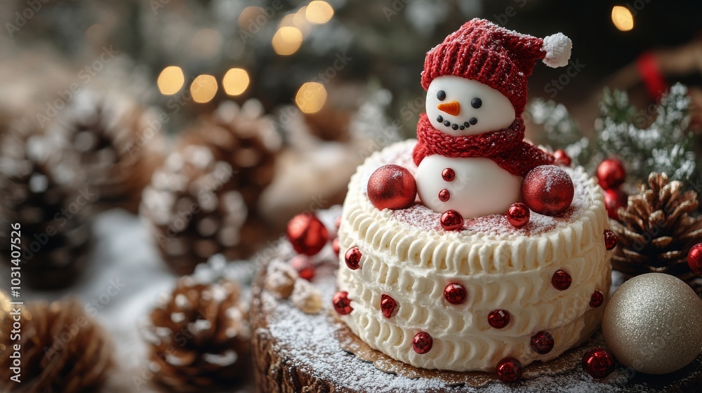 Festive Christmas cake with snowman decoration Festive Christmas cake with snowman decoration