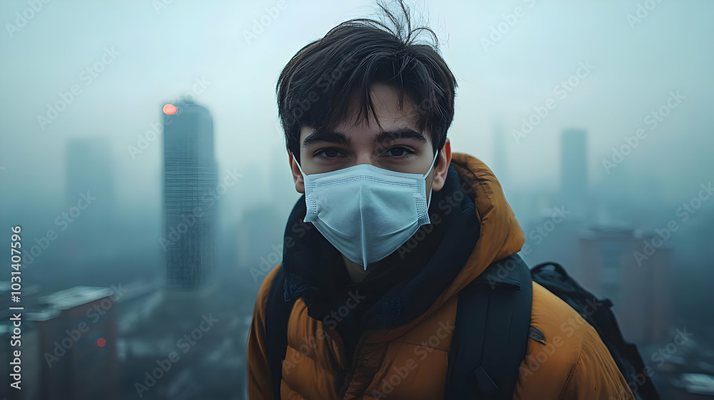 Young man in a mask against a foggy urban backdrop. Young man in a mask against a foggy urban backdrop.