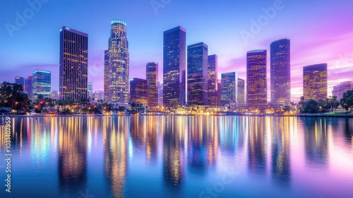 Cityscape Reflections in Water, Skyscrapers at Dusk, Urban Architecture, Modern Buildings, Night Photography, Water Surface, Lights Reflecting, Vibrant Colors