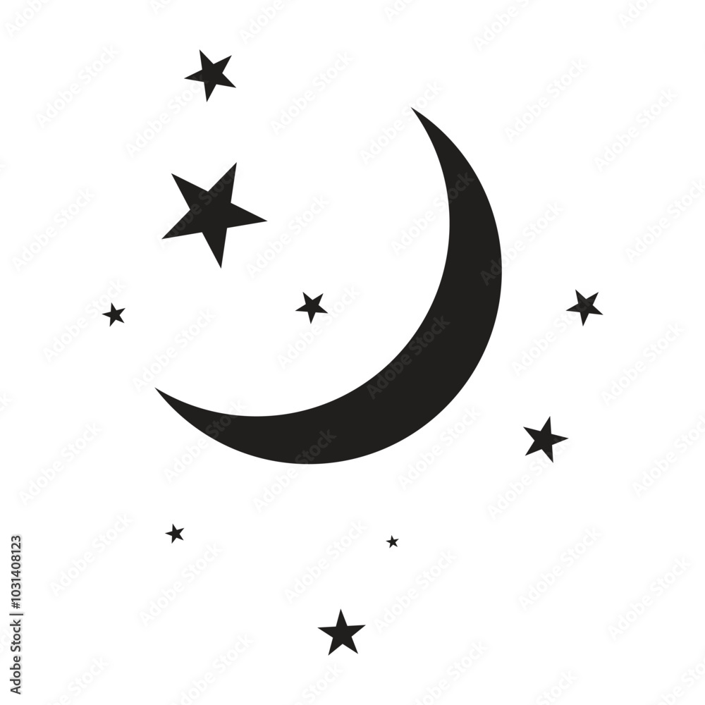 Moon and stars icon isolated. Flat design. Moon and star Icon isolated on white Background. Night symbol for your web site design, logo. Flat design. filled black symbol. Vector EPS 10. Moon and stars icon isolated. Flat design. Moon and star Icon isolated on white Background. Night symbol for your web site design, logo. Flat design. filled black symbol. Vector EPS 10.
