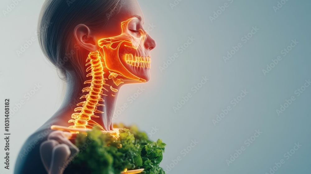Obraz premium Glowing Skeleton Profile Absorbing Calcium from Vitamin Rich Foods of a human profile with a transparent skeleton radiating from the absorption of calcium and nutrients from dairy products and