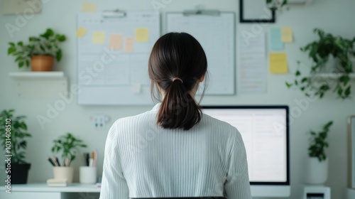 Korean woman standing at her standing desk in a home office environment reviewing project notes and ideas on a whiteboard with a deep depth of field