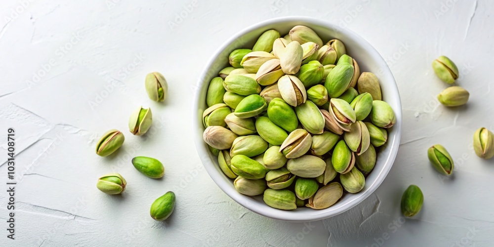 Flat Lay of Delicious Pistachio Nuts in White Bowl for Food Photography Flat Lay of Delicious Pistachio Nuts in White Bowl for Food Photography