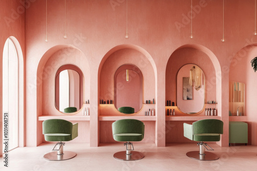 Pink room with green chairs and mirrors.