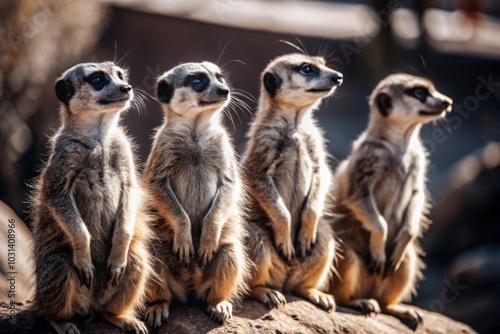 A group of meerkats standing alert in a natural habitat during the golden hour in the savanna