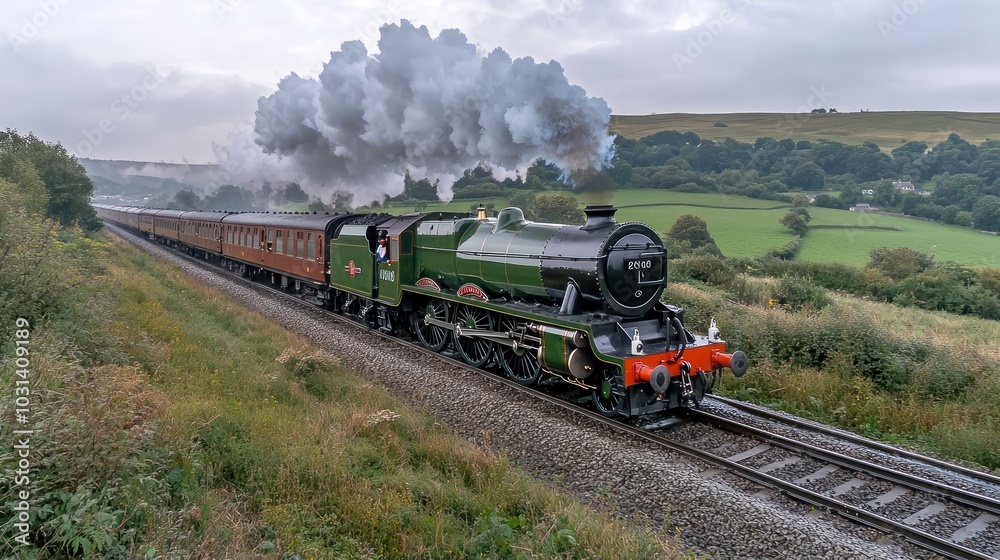 Obraz premium A steam train travels through a scenic countryside landscape.