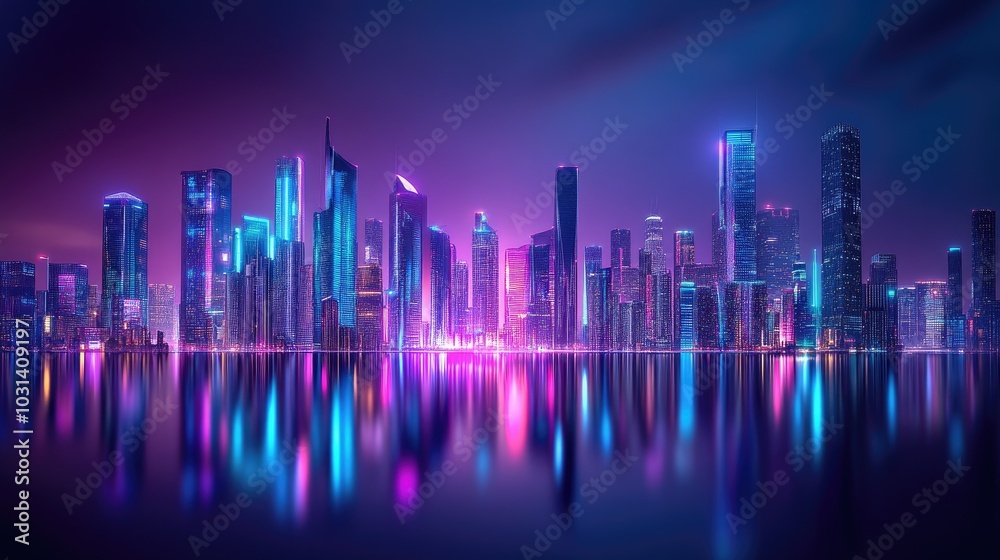 Cityscape at Night with Neon Lights and Reflections in Water Cityscape at Night with Neon Lights and Reflections in Water