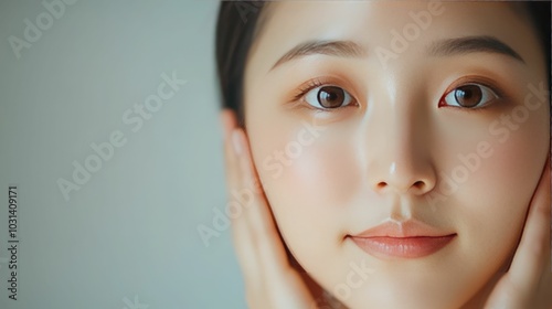 Close up of a young Korean woman carefully applying sunscreen on her face while looking at the reflection in a bedroom mirror part of her daily skin care routine and for the day ahead