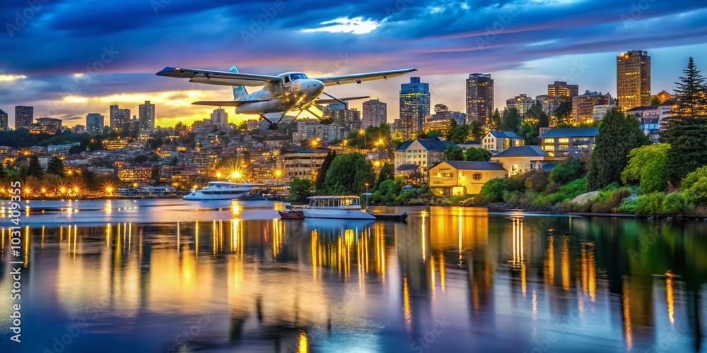 Floating Plane Taking Off Over Seattle's Lake Union - Stunning Landscape Photography Floating Plane Taking Off Over Seattle's Lake Union - Stunning Landscape Photography